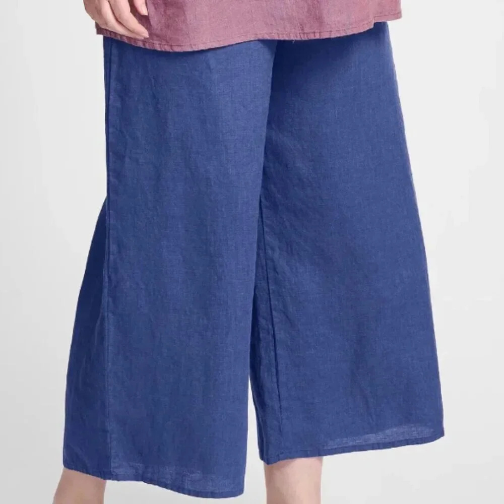 Flax 100% Linen Elastic Waist Wide Leg  Cropped Pants Blue Purple Size small